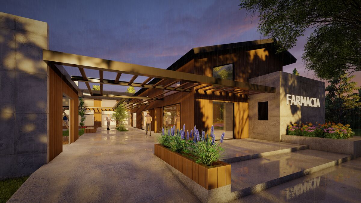Render al atardecer de la galería con pérgola de madera