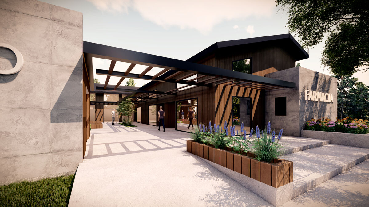 Render de día con jardinera de flores y letrero