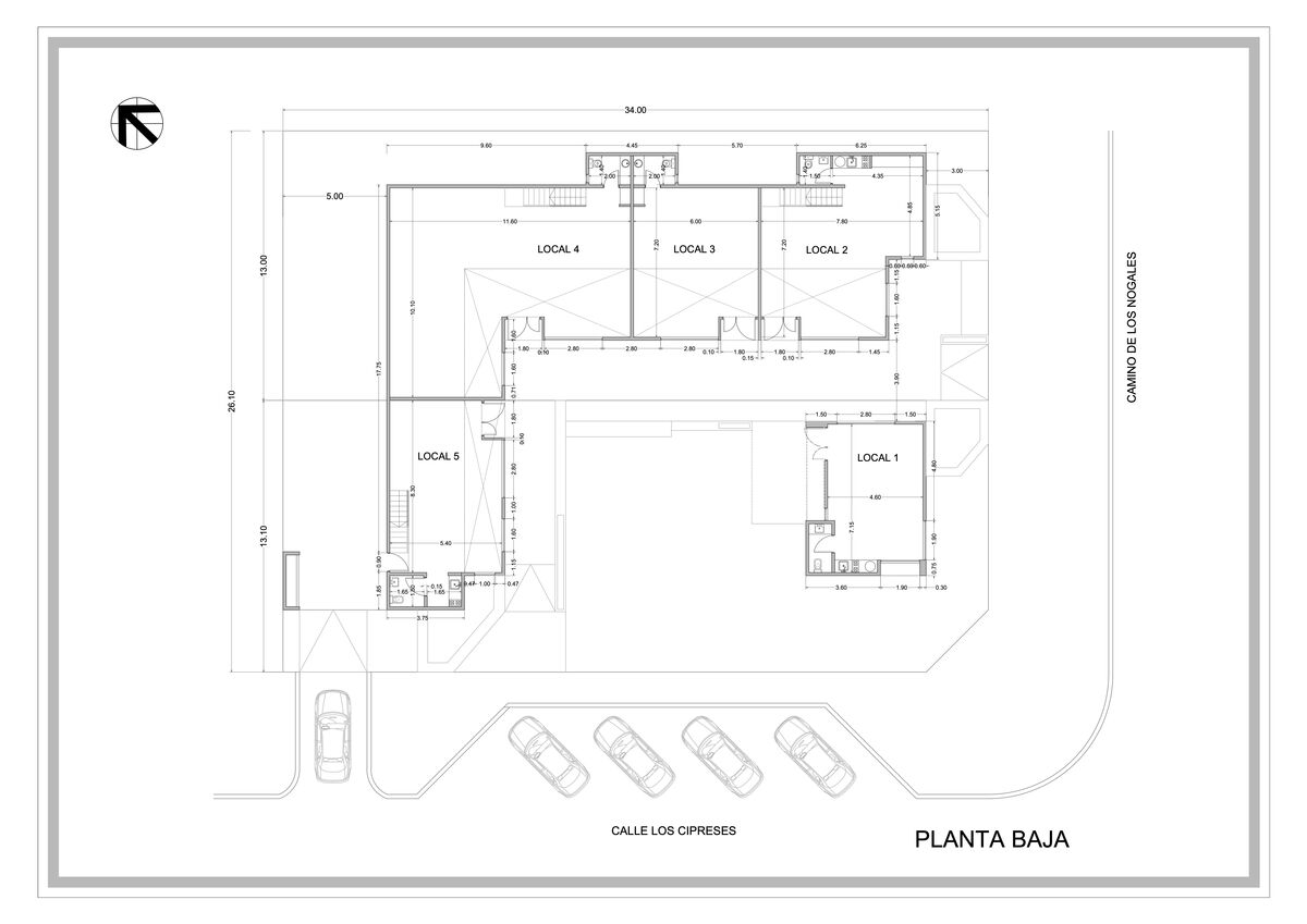Planta baja con la distribución de los locales y el estacionamiento