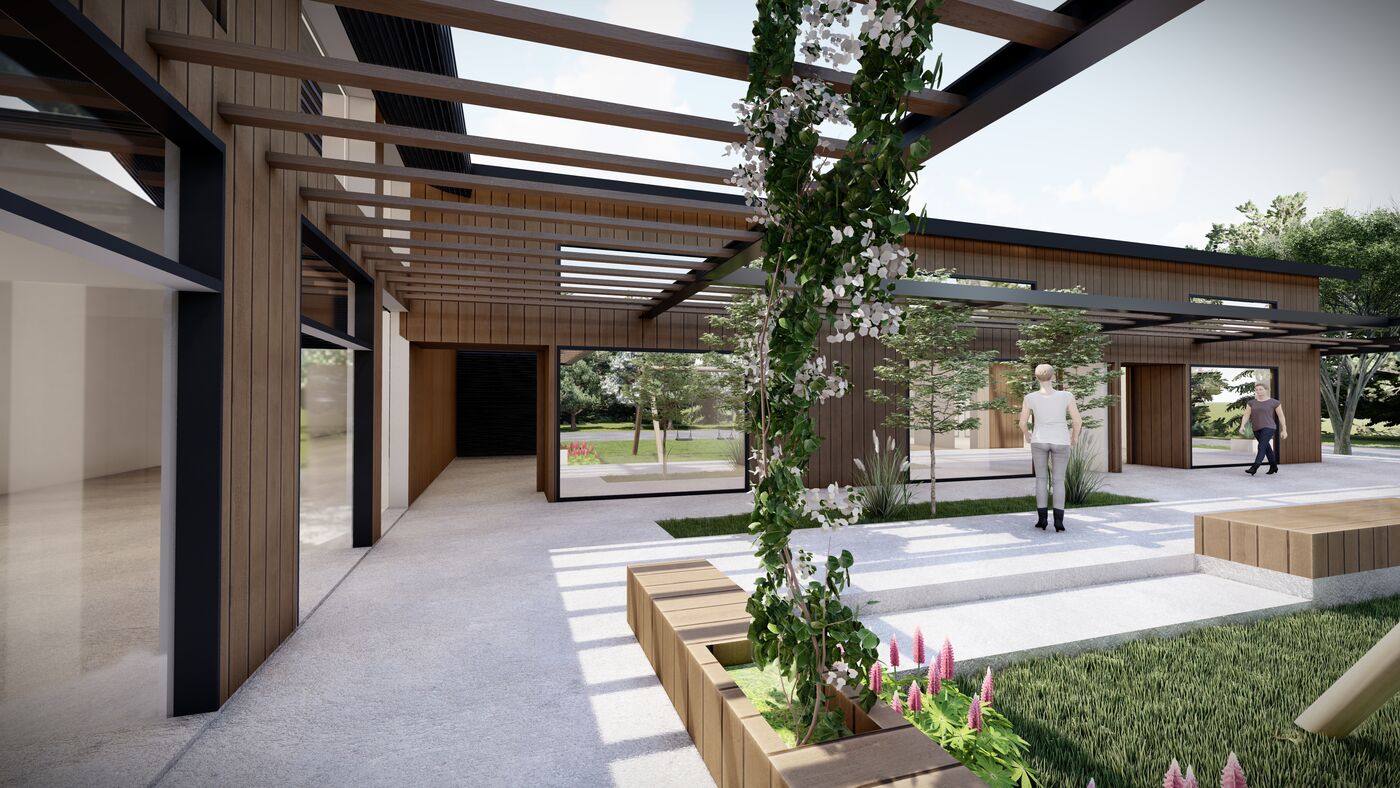 Render del Strip Center Arrayanes con pérgola de madera y jardinera