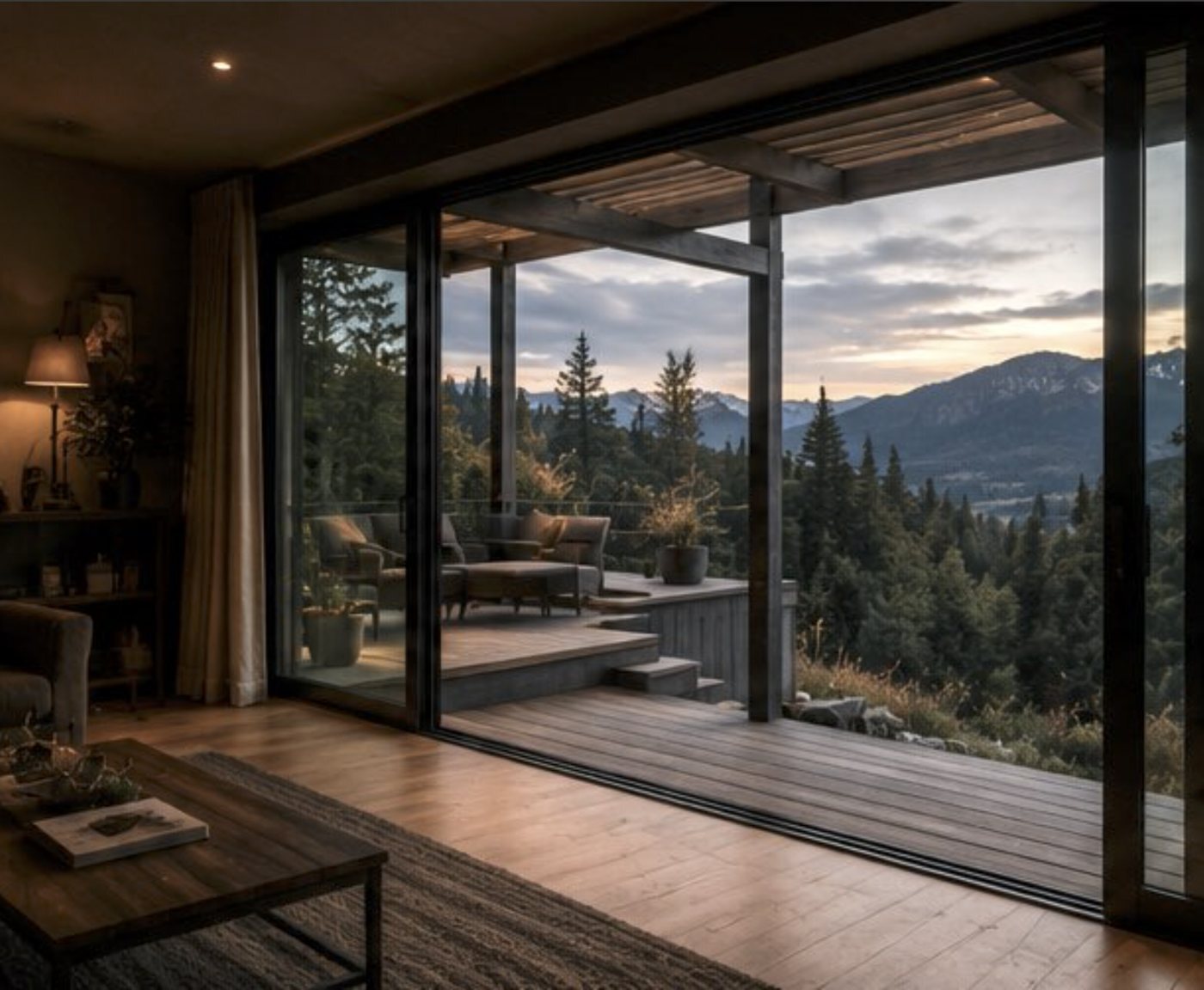 Render del interior de una casa con ventanal hacia el valle