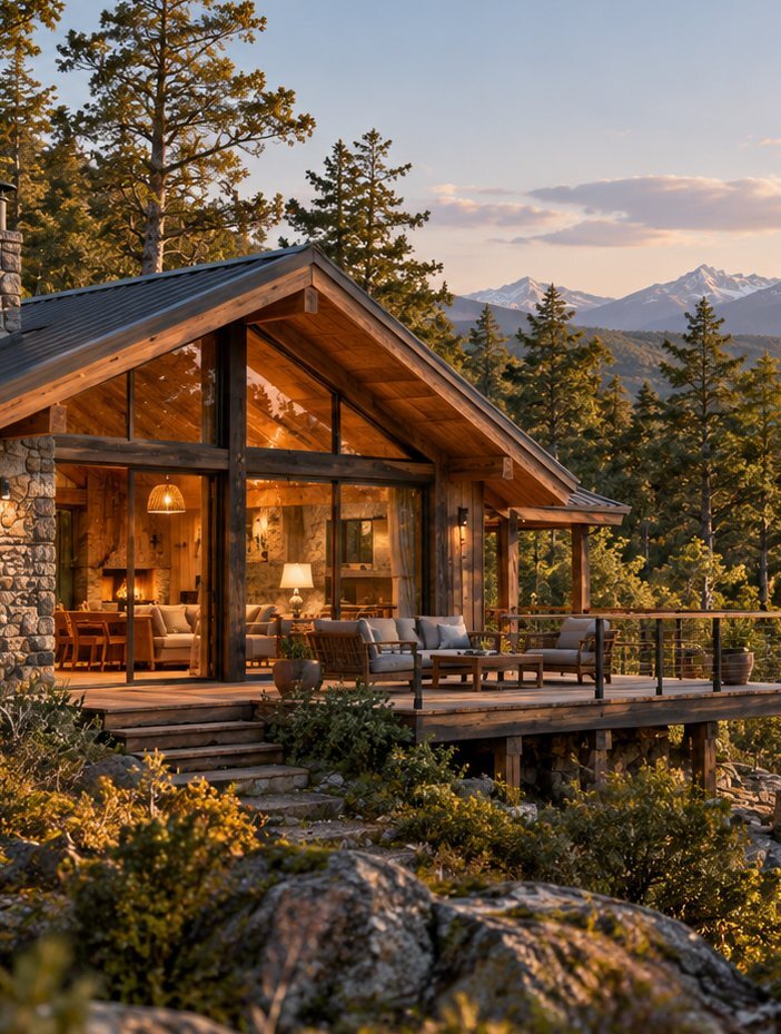 Render de una casa de madera y piedra con deck y vista a la cordillera