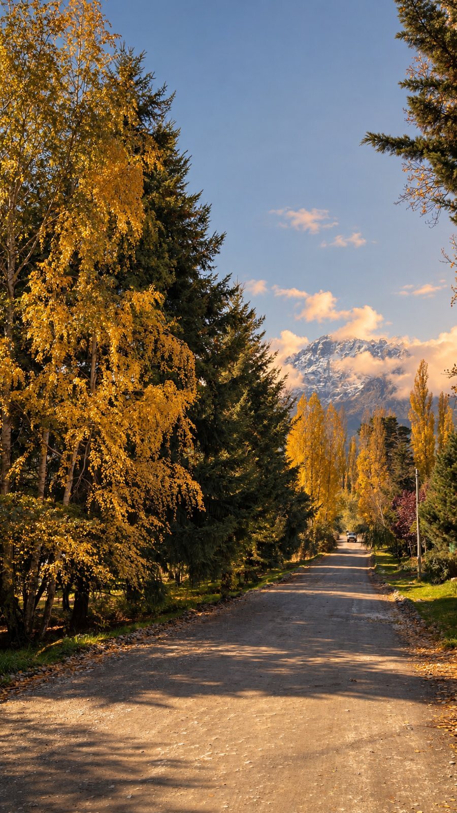 Camino bordeado de álamos en otoño