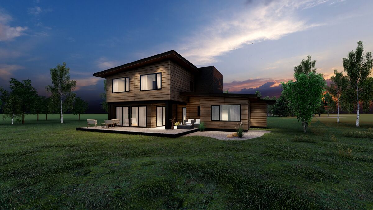 Render de la casa al atardecer