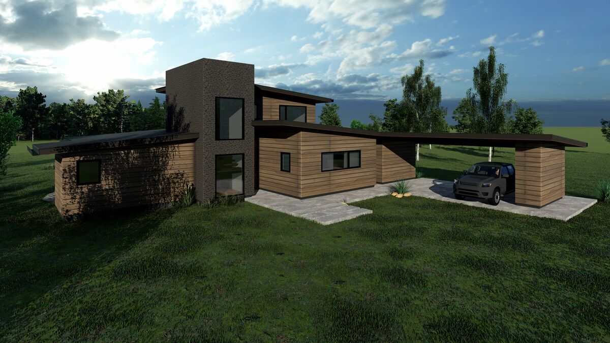 Render de la casa con volumen de madera y ventanales
