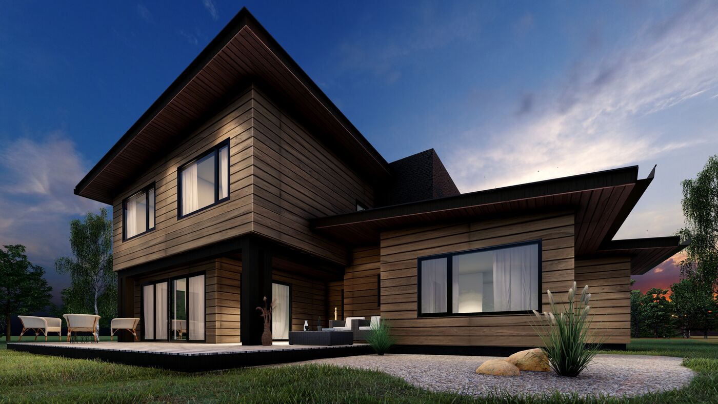 Render de la casa Open Rustic 105 con revestimiento de madera