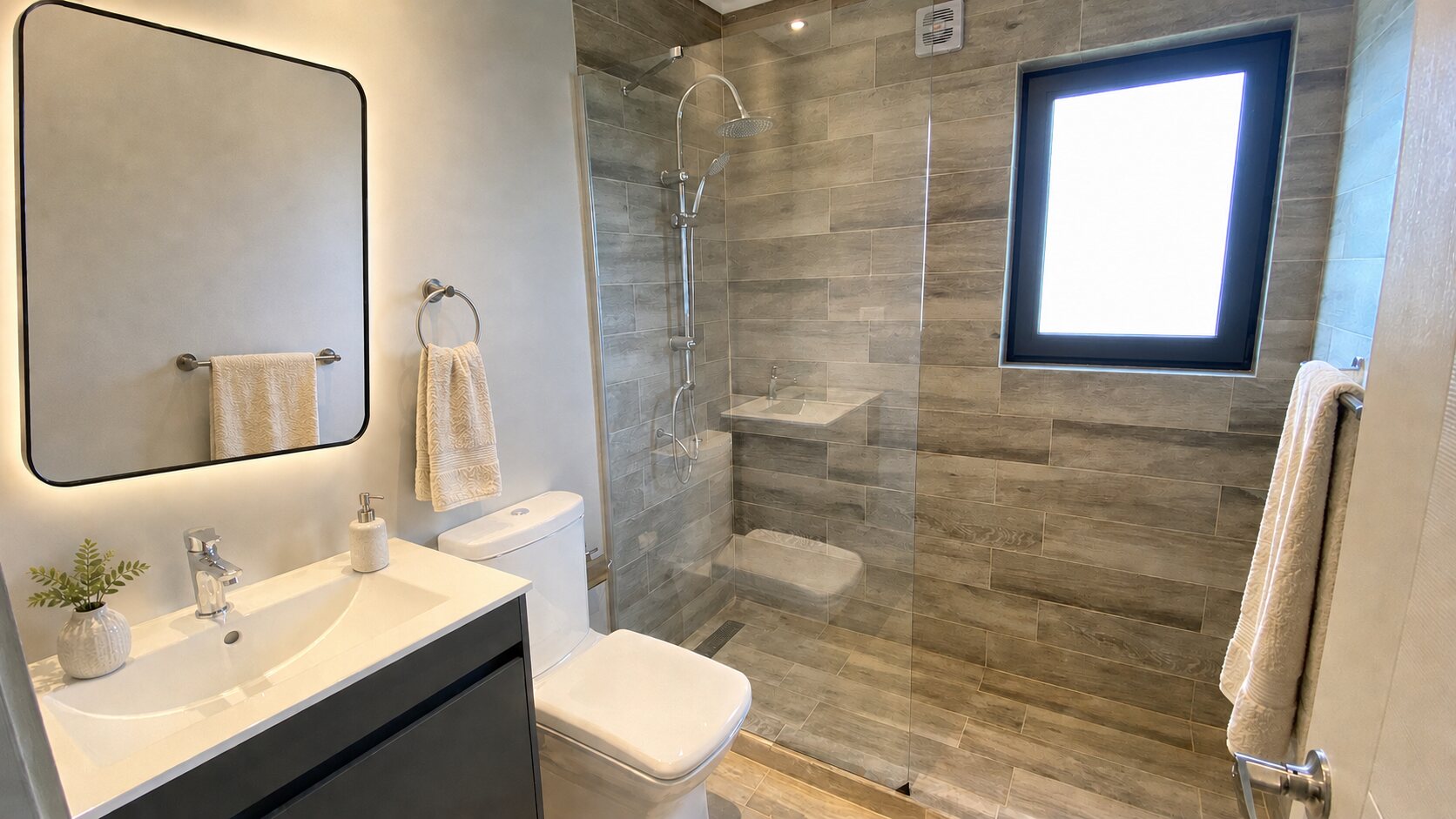 Baño con ducha revestida símil madera