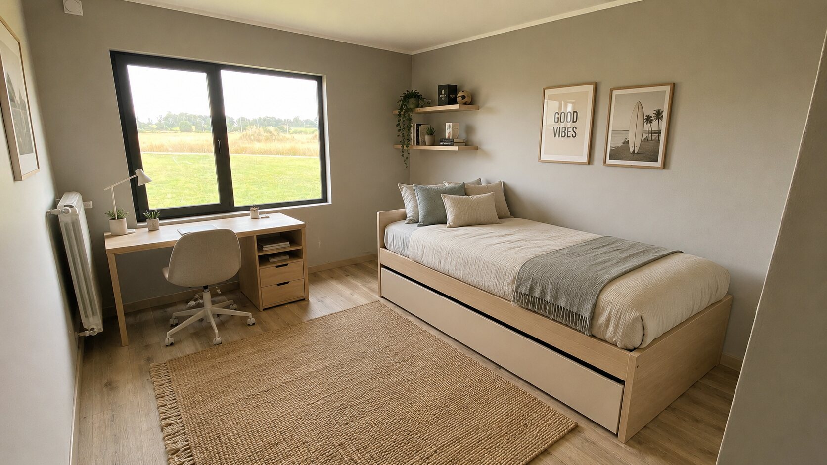 Dormitorio con escritorio y cama nido