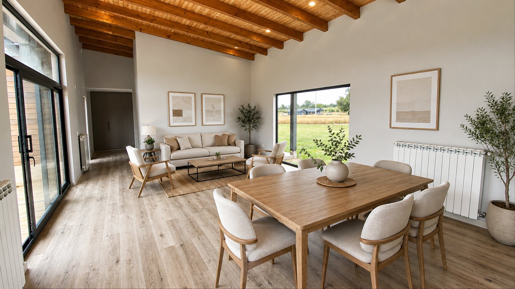 Living comedor con ventanal hacia el campo
